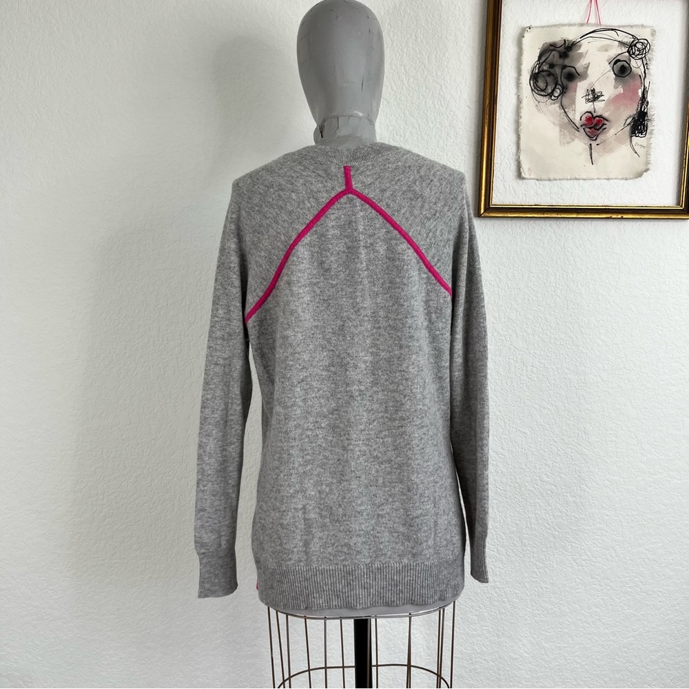 Autumn Cashmere Y Contrast Pink V Neck Gray Cashmere Sweater